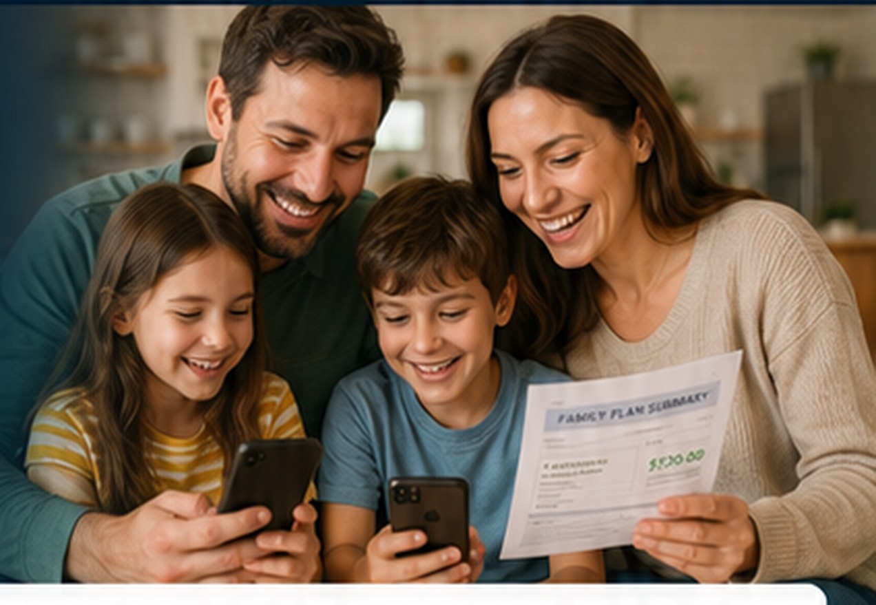 Parents and children comparing family cell phone plans together