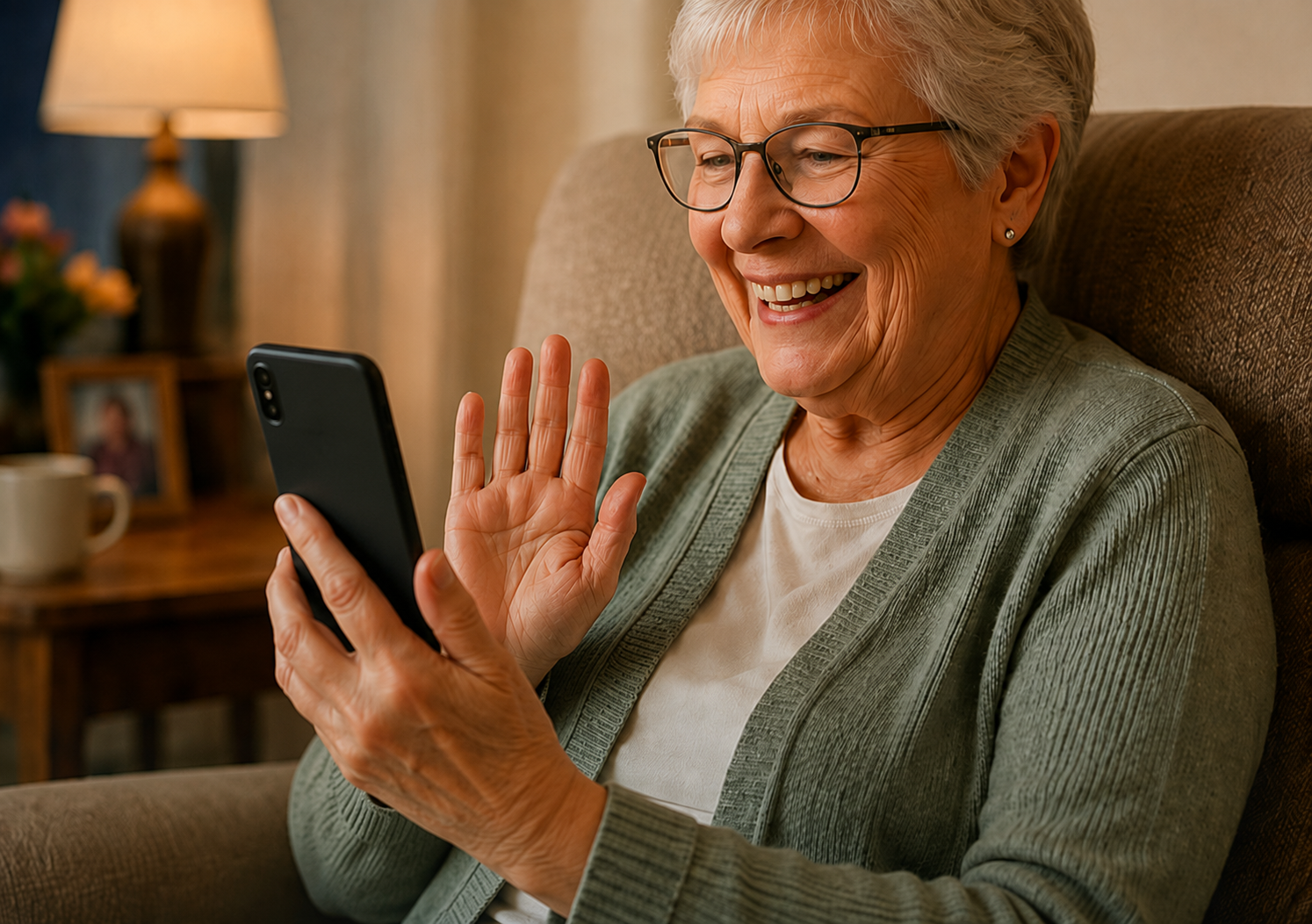 Senior woman smiling while video calling her grandchildren from home