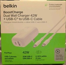 Belkin - BOOSTCHARGE 42W Dual Wall Charger + USB-C to USB-C Cable New